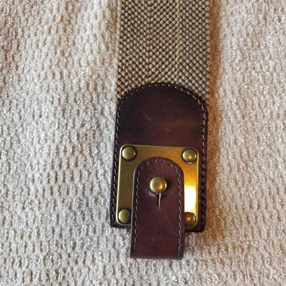 Brown‎ Leather Woven Elastic Cinch Waist Belt Brass Ring Toggle sz Small